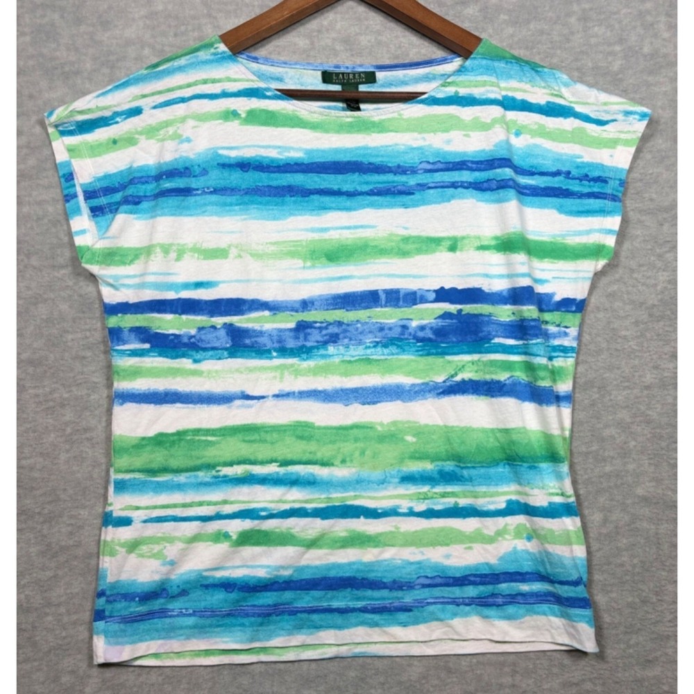Lauren Ralph Lauren Womens Shirt‎ L Striped Watercolor Print Casual Coastal